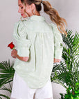 Collared Neck Puff Sleeve Horse Printed Blouse Top Sage